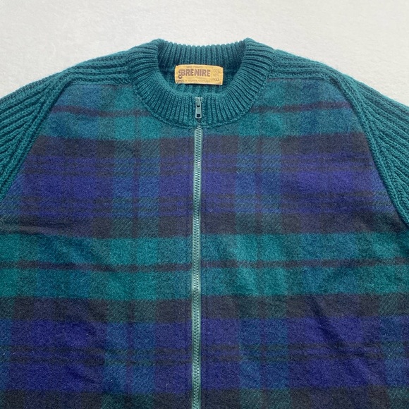 Brenire Vintage Hand Framed Pure New Wool Knit Plaid Full Zip Sweater Jacket - Picture 6 of 14